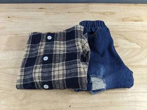 Hooded Plaid Shirt & Denim Jeans Set - Blue & Tan - Boys Size 2-3 Years - Brand New