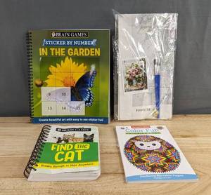 Brain Games Sticker by Number in the Garden, Find the Cat, Paint by Numbers & Design Originals Color Fun Coloring Book - New
