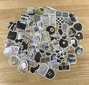 60 Greyscale Mixed Stickers - 8 Ball, Black Cat, Newspaper, Etc. - Brand New