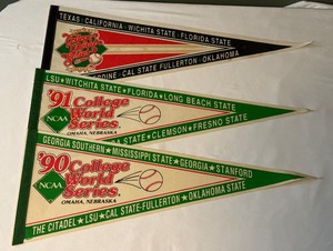 (3) College World Series Vintage Baseball Pennants 1990, 1991, and 1992
