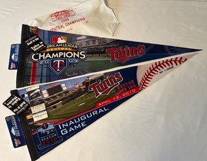 (2) Minnesota Twins Baseball Pennants and Tickets, 2009 Final Metrodome Series  Pin  Hanky, 2010 Target Field First Game  Tickets
