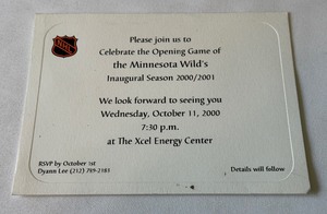 Minnesota Wild Opening Game Invite Card