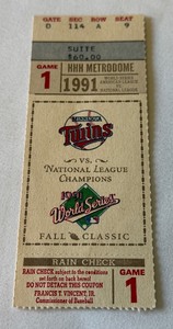 1991 World Series Game 1 Ticket - Minnesota Twins Baseball HHH Metrodome