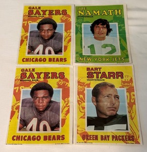 (4) 1971 Topps Football Posters - (2) Gale Sayers, Bart Starr, Joe Namath