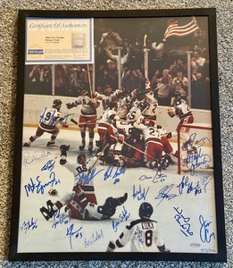 1980 Olympic Hockey Team Autographed 16x20" Photo w/ Steiner COA - Miracle on Ice! - Herb Brooks + All 20 Players: Mark Pavelich, Bob Suter,  Neal Broten, Jim Craig, Mike Eruzione, Mark Wells, John Harrington,