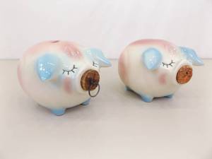 2 RARE 1957 Hull Pottery Corky Pig Banks