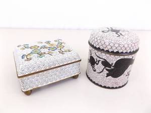 2 Cloisonne Black and White Dragon and Flower Tea Caddy, and Incense Jar