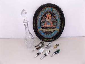 Liquor and Wine Bottle Pourers and Crystal Wine Decanter on an Anheuser-Busch Tray