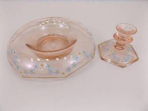 Hand Decorated Pink Depression Glass Console Bowl and Candle Holder&nbsp