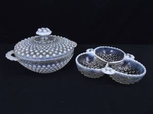 Vintage Anchor Hocking Opalescent Hobnail Covered Dish and Candy Caddy