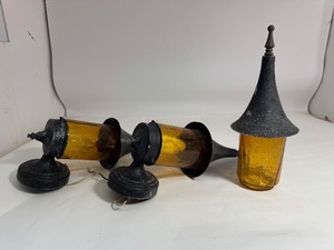 Lot of (3) Vintage Steeple Top Amber Crackle Glass Cottage Sconce