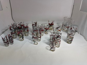 Vintage Hazel-Atlas Pheasant Hunting Scene 64oz Glass Pitcher, Bowl, Cocktail Shaker & large Variety of Cups (45 Piece Set)