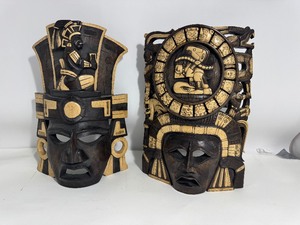 Set of (2) Mayan Warrior Tribal Masks - Hand Carved