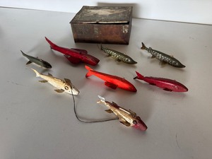 Large Lot of Vintage Ice Fishing Decoys & Metal Tin