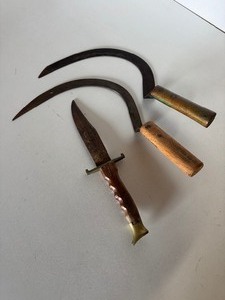 Lot of (2) Hand Scythe Sickle Cutters & Bowie Knife