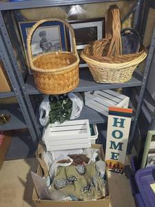 Mixed Home Decor Lot With Wicker Baskets, Frames, Crates & Home Sign