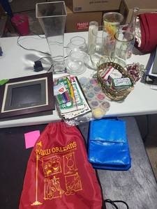 Mixed Lot of Glass Decor, Craft Supplies, Jewelry & Tote Bags