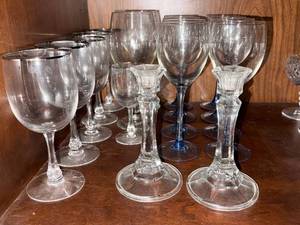 Mixed Stemware Glasses & Candlesticks Lot Smoky Blue Gray Goblets