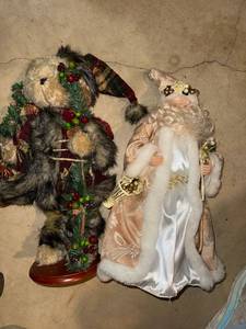 Christmas Bear & Victorian Santa Figure Decor Pair 18in-20in Good