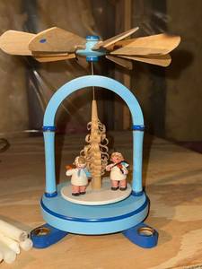 Vintage Wooden Christmas Pyramid Angel Carousel Blue 8in Good
