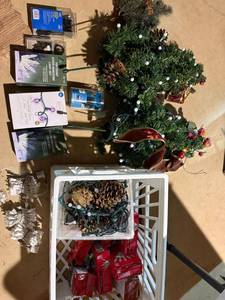 Christmas Decor Lot w 2 Tabletop Trees & String Lights Mixed Brands