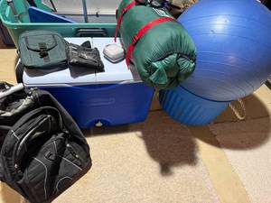 Camping Gear Lot Coleman Sleeping Bag Cooler High Sierra Rolling Pack
