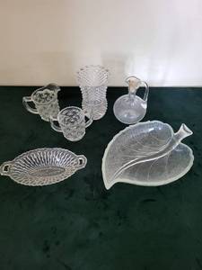 Crystal Diamond-Cut Glassware Lot - Tall Vase, Decanter, 2 Creamers & Leaf Dish