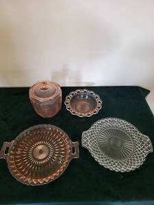 Vintage Pink and Clear Pressed Glassware - Lidded Jar & Patterned Plates