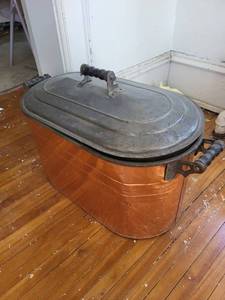 Vintage Copper Stock Pot with Lid and Cast Iron Handles