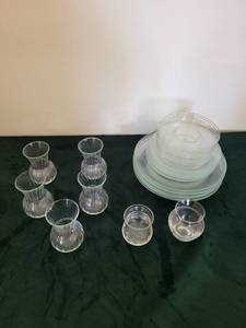 Clear Glassware Lot - Vases, Goblets & Etched Plates (Assorted)