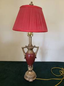 Vintage Brass Table Lamp with Pink Pleated Shade and Red Ceramic Body