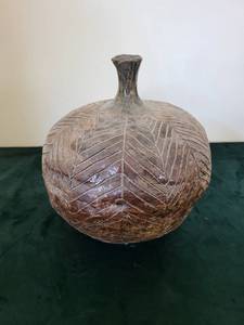 Handmade Ceramic Vessel with Leaf Vein Pattern and Narrow Neck - Makers Mark ES