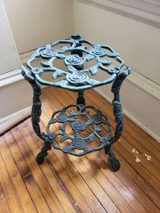 Vintage Cast Iron Two-Tier Plant Stand with Rose Motif