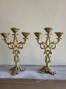 Pair of Ornate Gilt Brass Candelabras, Rococo Revival