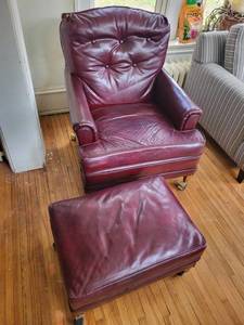 Leather Armchair with Matching Ottoman on Casters