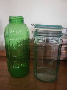Vintage Glass Jars - Tall Embossed Bottle & Clamp-Lid Jar (Lot of 2)