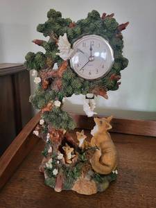 Woodland Clock Sculpture with Fox Family with Birds - Quartz Battery Clock