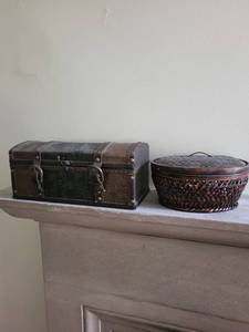 Asian-Style Wood Trunk With Calligraphy Script Panels & Round Wicker Basket (Lot of 2)