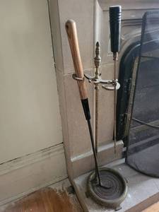 Antique Fireplace Tool Set with Brass Centerpiece Stand and Wooden-Handled Poker