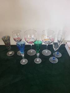 Mosaic Patterned Glass and Assorted Colorful Stemware - Blue and Green Goblets