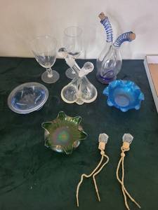 Assorted Glassware - Iridescent Green Starburst Bowl, Coiled Blue Decanters, Clear Goblets
