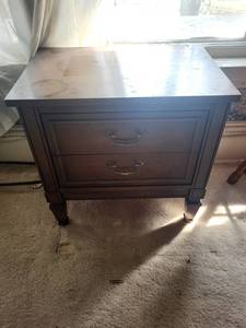 Vintage Wooden Nightstand with Metal Top and Ornate Hardware - 2 Drawers