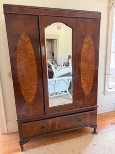 Art Deco Walnut Veneer Armoire Wardrobe w Mirror & Drawer