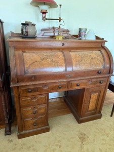 Antique Roll Top Desk Birdseye Veneer Multiple Drawers Good Cond