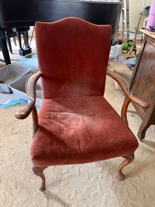 Antique Style Upholstered Armchair Carved Wood Queen Anne Form