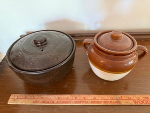 Vintage Stoneware Covered Bean Pot & Crock Lot Brown Ceramic Kitchenware