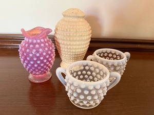 Hobnail Art Glass Lot Pink Vase White Shaker 2 Handled Bowls