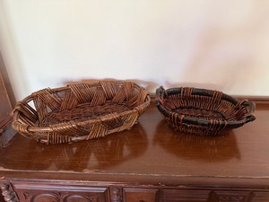 Vintage Wicker Basket Pair Oval Handwoven Serving Baskets Rustic Decor