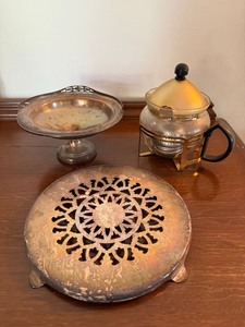 Vintage Housewares Lot Teapot Trivet Silverplate Compote Decor