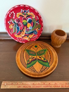 Vintage Hand Painted Wood Plates & Turned Cup Folk Art Decor Lot